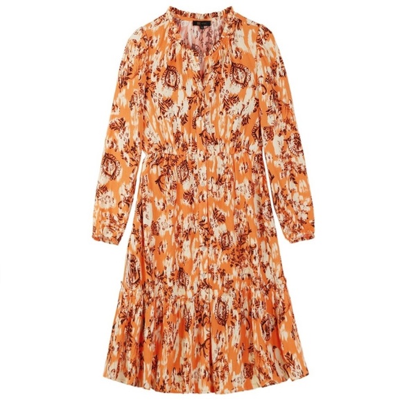 Frye Ruffle Neck Button Front Orange Floral Long Sleeve Mini Dress Size M - Picture 1 of 9